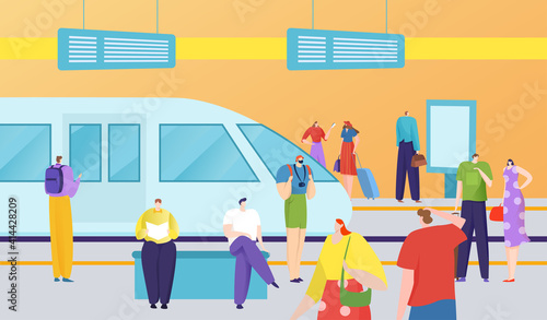 Urban public transport, rapid transit, waiting passengers, modern train, metro station, design cartoon style vector illustration. Traveling by rail, tourists, men and women waiting for their flight.