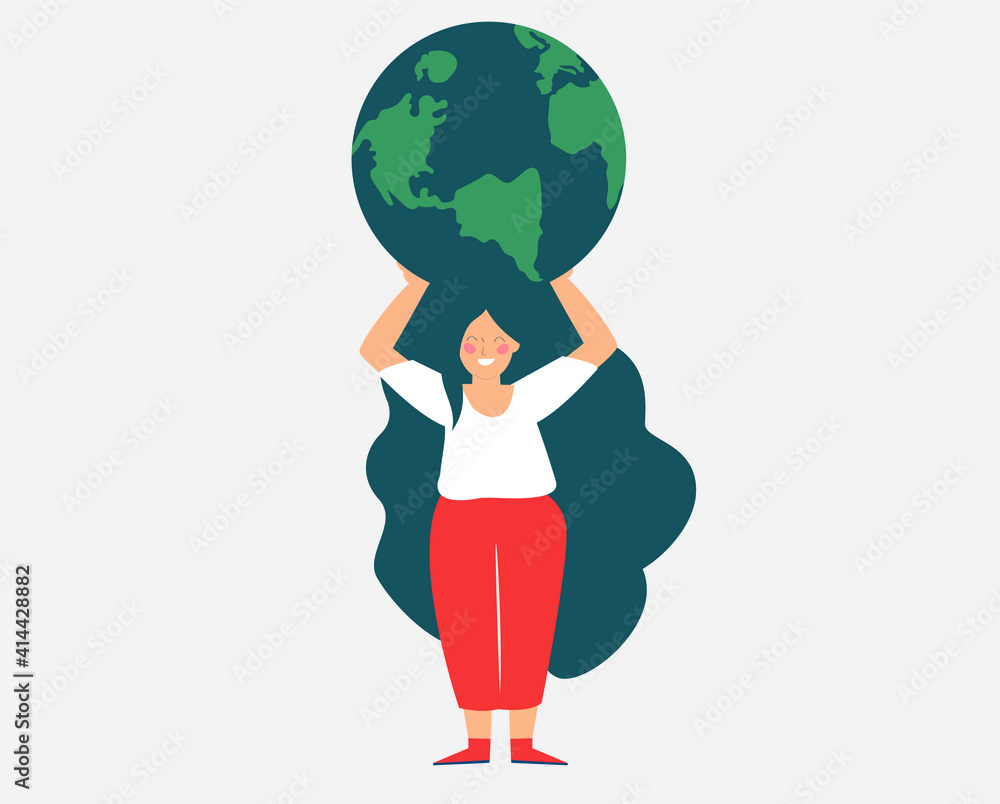 Young woman character embraces and holds the green planet. Flat girl cares the earth. Illustration of Earth day and energy saving planet card. Nature and environment protection concept. Vector style. Young woman character embraces and holds the green planet. Flat girl cares the earth. Illustration of Earth day and energy saving planet card. Nature and environment protection concept. Vector style.