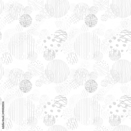 Gray seamless pattern with hand drawn abstract round elements, doodles
