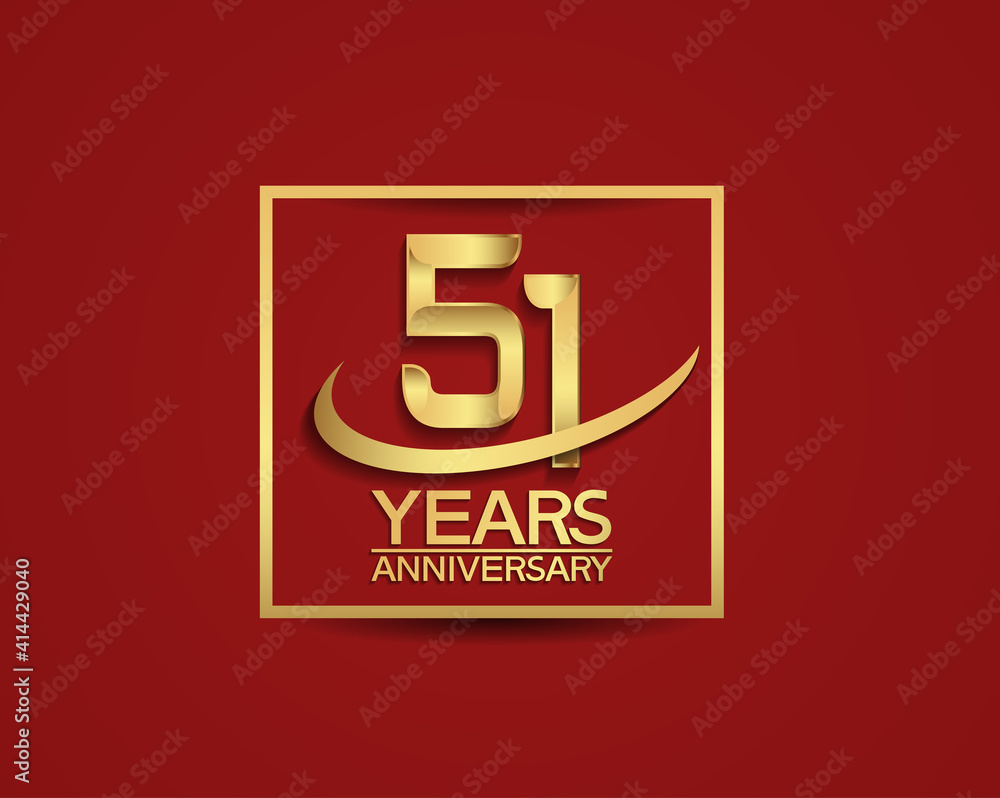 51 years anniversary with square and swoosh golden color isolated on red background can be use for special celebration moment