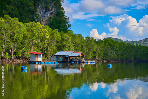 A floating fish farm on the island of Langkawi in Malaysia