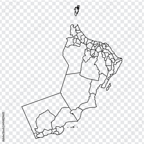 Blank map  of Oman. Districts of Oman map. High detailed vector map Sultanate of Oman on transparent background for your web site design, logo, app, UI.  EPS10. 