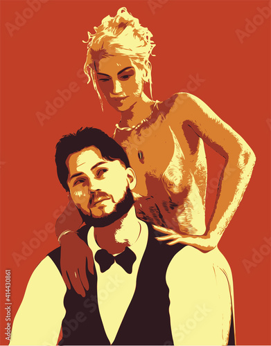 Vector portrait of newlyweds. Man and woman young family. Abstract wedding illustration