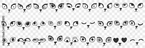 Cats eyes and noses doodle set. Collection of hand drawn cute funny eyes nose mouth faces of cats kittens in sketch manner isolated on transparent background
