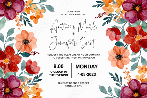 Wedding invitation card with burgundy and brown floral watercolor