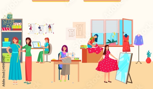 Women work in sewing fashion studio, textile business, tailor in atelier, woman designer, design cartoon style vector illustration. Beautiful fabric, dressmaker girl tailoring workshop, sewing machine
