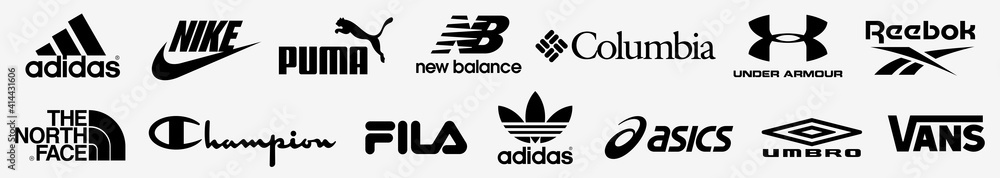 Adidas, Nike, The North Face, Reebok, Puma, Under Armour, Columbia , Asics, New balance, Champion, Fila logo. logos set vector. Editorial Stock Vector | Adobe Stock