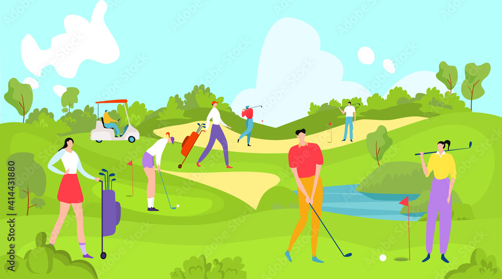 People play golf, young golfer, interesting active sport, men s club, fashionable lifestyle, cartoon style vector illustration. Useful leisure, field with green lawn grass, men and women play golf. People play golf, young golfer, interesting active sport, men s club, fashionable lifestyle, cartoon style vector illustration. Useful leisure, field with green lawn grass, men and women play golf.