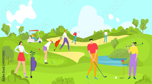 People play golf, young golfer, interesting active sport, men s club, fashionable lifestyle, cartoon style vector illustration. Useful leisure, field with green lawn grass, men and women play golf.
