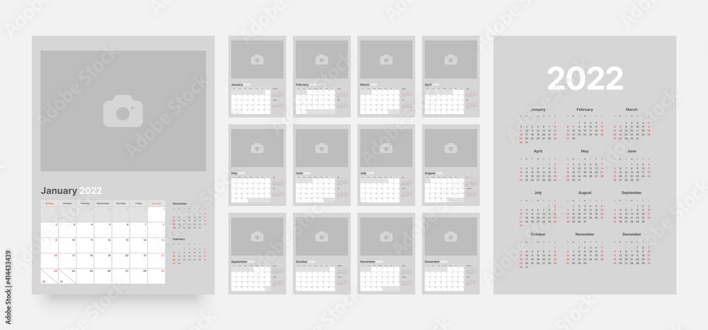 Wall or desk calendar template for 2022 with week start on Sunday. Planner diary with Place for Photo. Wall or desk calendar template for 2022 with week start on Sunday. Planner diary with Place for Photo.