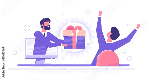 Handsome businessman holds out a big gift box from a monitor to a happy man. Special offer or loyalty program concept. modern vector illustration.