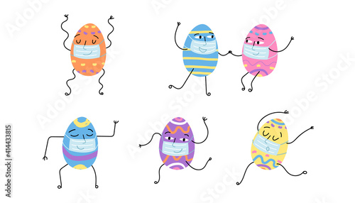 Decorated Easter eggs in medical face masks dancing in various poses on their own or in a couple and holding hands.