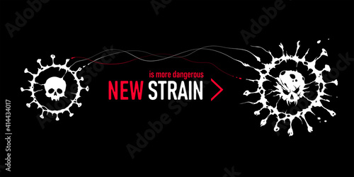 New strain of coronavirus. Mutated variant of COVID. Deadly skull in the viral spiked shell. 