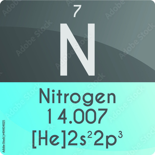 N Nitrogen Non reactive metal Chemical Element Periodic Table. Square vector illustration, colorful clean style Icon with molar mass, electron config. and atomic number for Lab, science or chemistry