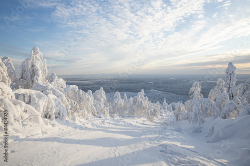 View of the winter road and the forest at sunset . Beautiful view of the snow-covered taiga .
