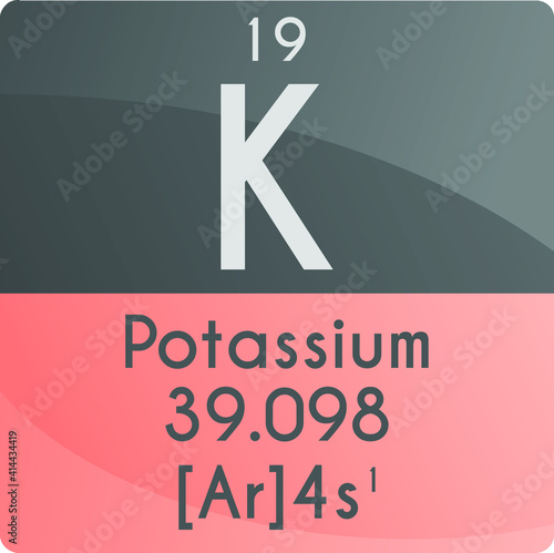 K Potassium Alkali metal Chemical Element Periodic Table. Square vector illustration, colorful clean style Icon with molar mass, electron config. and atomic number for Lab, science or chemistry