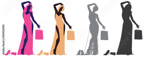 Set of vector silhouettes of young woman with shopping for fashion clothes and accessories