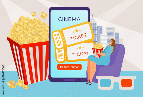 Book cinema ticket online, internet service, application for watching films, buy subscription, cartoon style vector illustration. mobile picture theater in smartphone, new technologies, young woman.