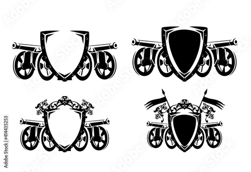 antique cannon gun and heraldic shield black and white vector outline collection - artillery arms coat od arms design set