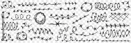 Barbed wire in prison doodle set. Collection of hand drawn various shapes of barbed wire fence protecting walls in prisons and special establishments isolated on transparent background