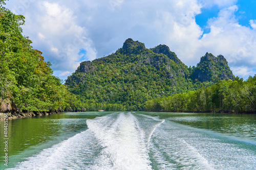 boat travel on river with exciting view rock overgrown green trees