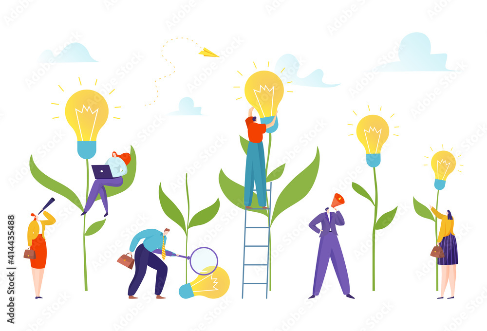 Bulb field tiny people grow new idea concept, profitable investment, design cartoon style vector illustration, isolated on white. Business start-up, economic growth, fee to future, reliable investor. Bulb field tiny people grow new idea concept, profitable investment, design cartoon style vector illustration, isolated on white. Business start-up, economic growth, fee to future, reliable investor.