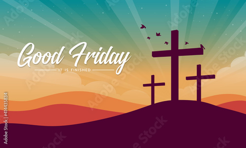 Leinwand Poster good friday, it is finished text banner with Cross crucifix on hill and bird fly