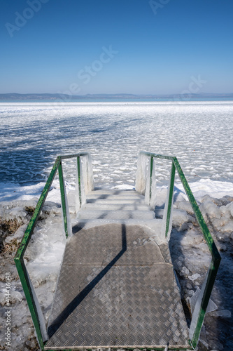Frozen Lake Balaton with steel steps © Csák István