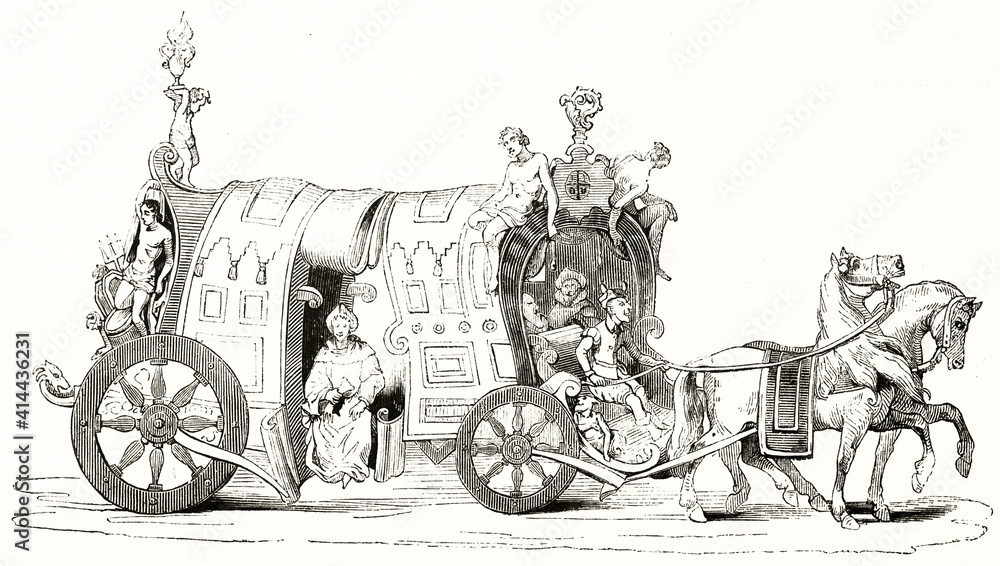 Fototapeta premium Isolated drawing from the cabinet Du Tilliot depicting The Crazy Mother Chariot. Ancient grey tone etching style art by Wattier, Andrew, Best and Leloir, Magasin Pittoresque, 1838
