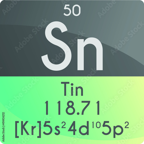Sn Tin Post transition metal Chemical Element Periodic Table. Square vector illustration, colorful clean style Icon with molar mass, electron config. and atomic number for Lab, science or chemistry