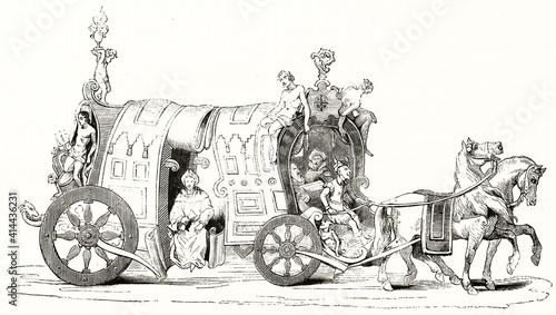 Isolated drawing from the cabinet Du Tilliot depicting The Crazy Mother Chariot. Ancient grey tone etching style art by Wattier, Andrew, Best and Leloir, Magasin Pittoresque, 1838 photo