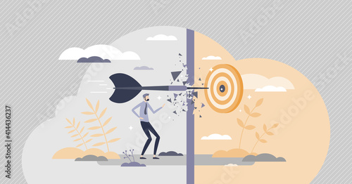 Achieving goals with success after obstacle breakthrough tiny person concept