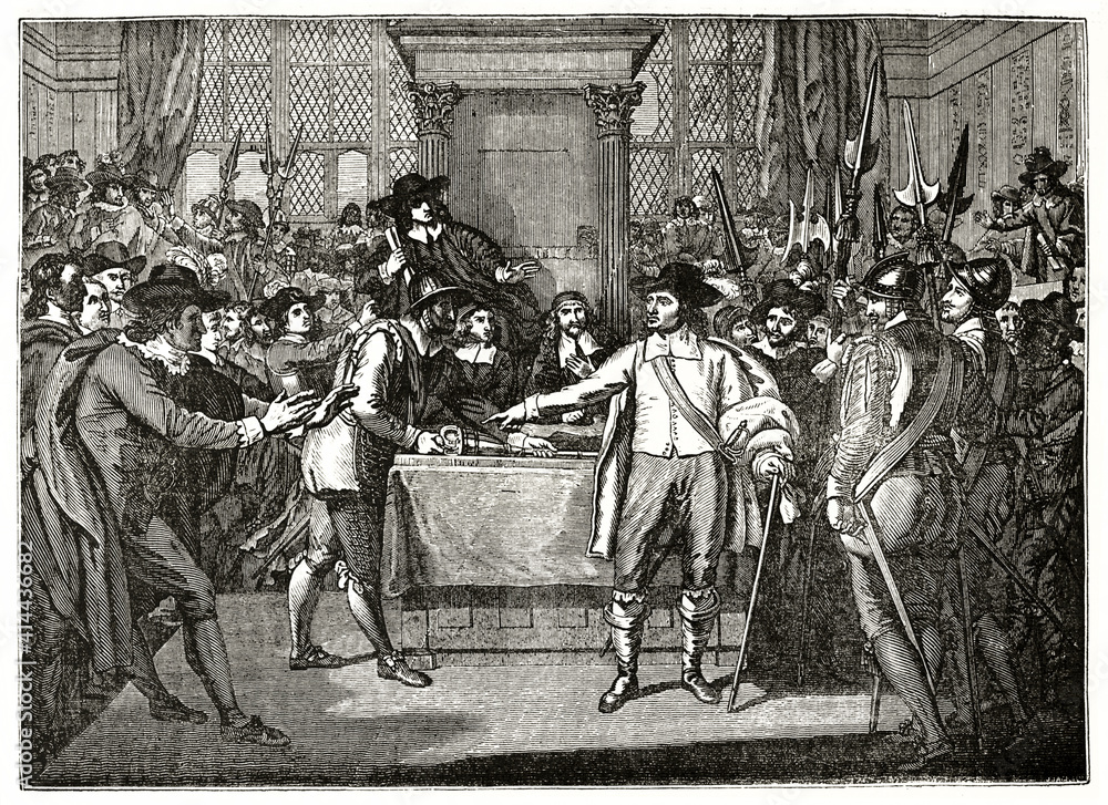 Obraz premium Cromwell and a band of soldiers interrupting Parliament. Ancient grey tone etching style art by West, Magasin Pittoresque, 1838