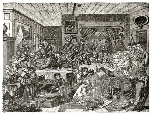 large crowd of uncouth people revelling indoor, drinking and laughing during a electoral entertainment. Ancient grey tone etching style art by Hogarth, Magasin Pittoresque, 1838 photo