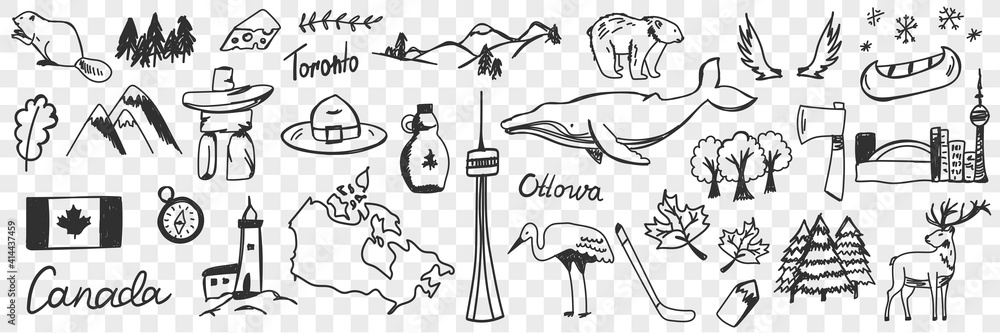 Fototapeta premium Canadian symbols and signs doodle set. Collection of hand drawn canadian traditional maple leaf flag wildlife mountains deers snow heron beer whale and names isolated on transparent background