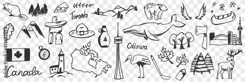 Canadian symbols and signs doodle set. Collection of hand drawn canadian traditional maple leaf flag wildlife mountains deers snow heron beer whale and names isolated on transparent background