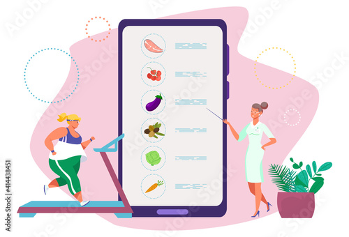 Diet doctor consulting concept, online nutritionist, wholesome food, healthy lifestyle, design cartoon style vector illustration. Weight control, calorie counting, proper nutrition, woman running.