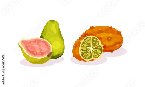 Ripe Exotic Fruits with Kiwano and Pomelo Vector Set