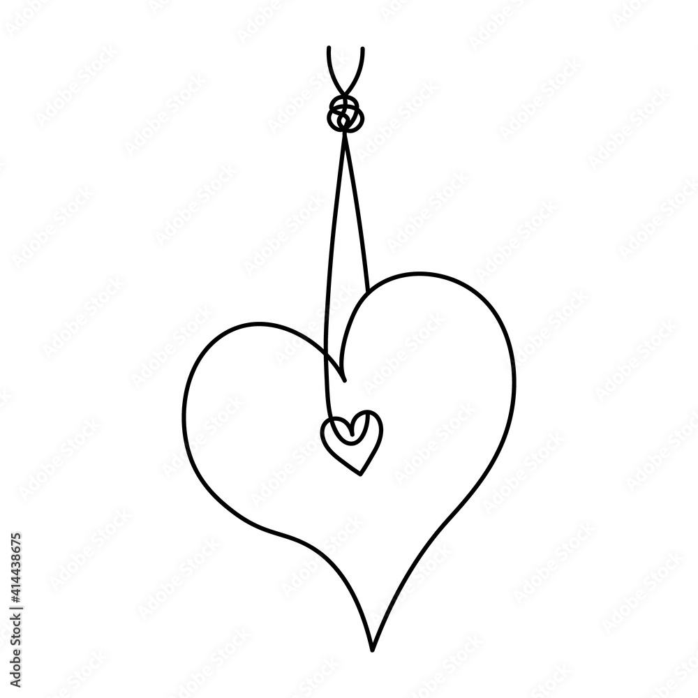 The heart hangs on a thread with a knot. Sketch. Romantic tag. Vector illustration. Coloring book for children. Valentines Day. Hanging decoration. The symbol of love is suspended from a string. The heart hangs on a thread with a knot. Sketch. Romantic tag. Vector illustration. Coloring book for children. Valentines Day. Hanging decoration. The symbol of love is suspended from a string.