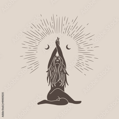 Vintage vintage engraving style. Abstract woman silhouette. Spiritual origin of the universe of magic and space, phases of the moon