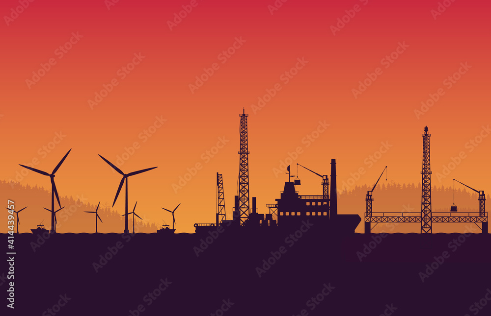 Obraz premium silhouette service vessel ship with operation petroleum platform on orange gradient background