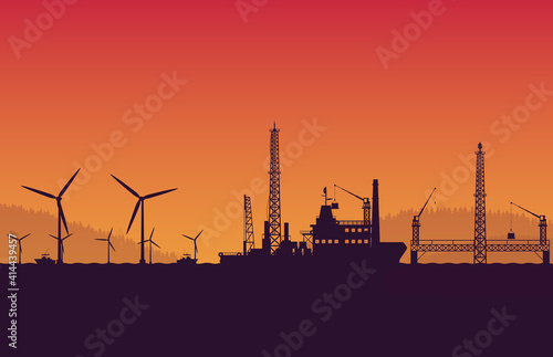 silhouette service vessel ship with operation petroleum platform on orange gradient background