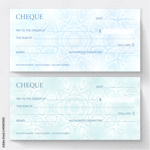 Check, Cheque (Cheque book template). Guilloche pattern with abstract line watermark. Background for banknote, money design, currency, bank note, Voucher, Gift certificate, coupon