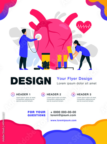 Cardiologists examining heart with stethoscope and blood samples in lab tubes among pills and heartbeat diagram. Vector illustration for cardiology, medical examination, heart disease concept