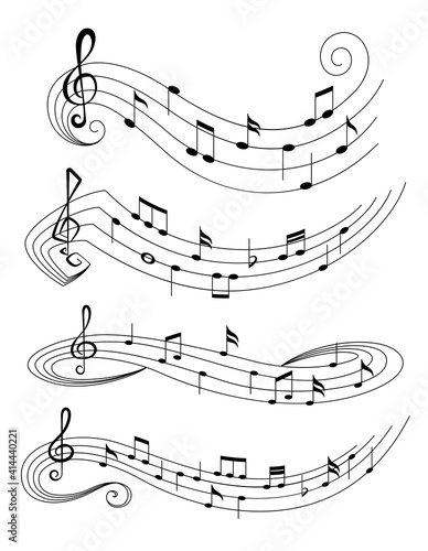 Set of music notes on staves. Music staff black notes symbols in rounded corners style. Abstract row of musical notes and chords collection. Vector musical notations