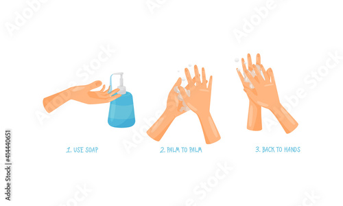 Human Hand Washing and Cleansing Skin Using Soap Vector Set