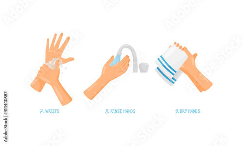 Human Hand Washing and Cleansing Skin Using Soap and Drying with Towel Vector Set