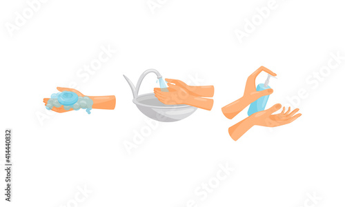 Human Hand Washing and Cleansing Skin Using Soap Vector Set