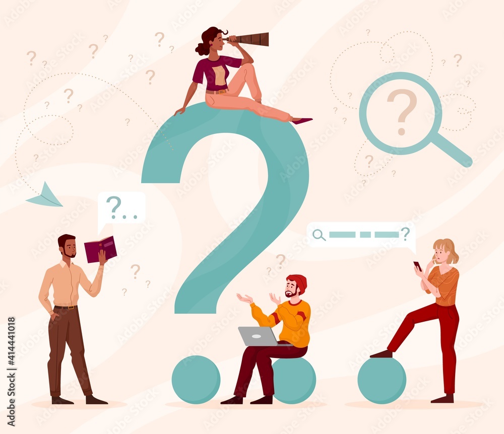 Questioning and contemplating abstract concept with giant question mark ...