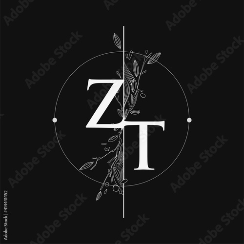 Letter ZT Initial Logo with Hand Draw Floral, Initial Wedding Font Logo with Circle and Flowers. photo